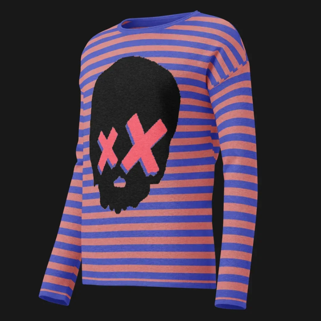 Pink and blue striped sweater with a large x-eyed skull design