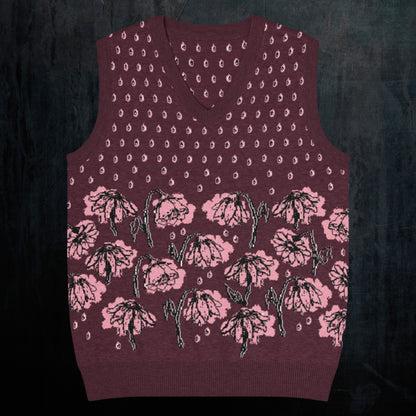 a burgundy knitted vest with crying pink flowers and droplets