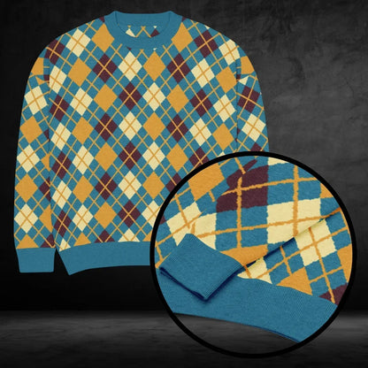 A cyan based argyle pattern knit sweater in unusual colors
