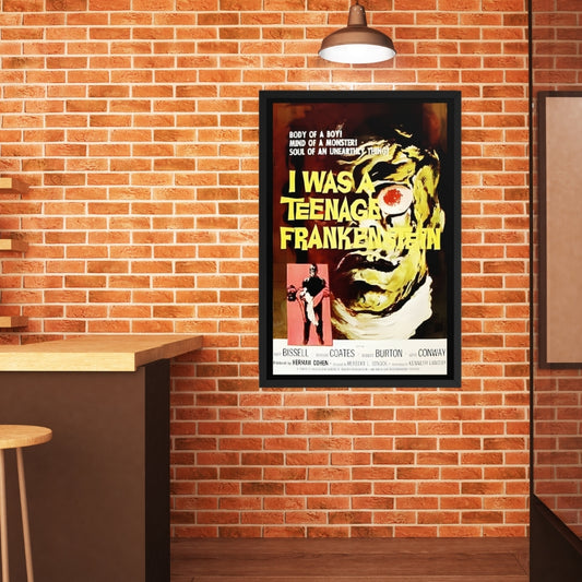a large framed poster of the vintage horror movie I was a teenage frankenstein on a brick wall