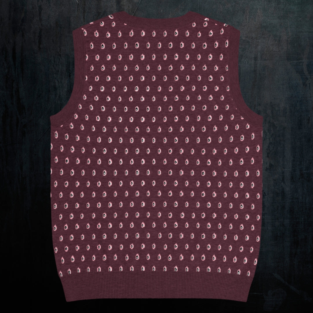a burgundy knitted vest with crying pink flowers and droplets