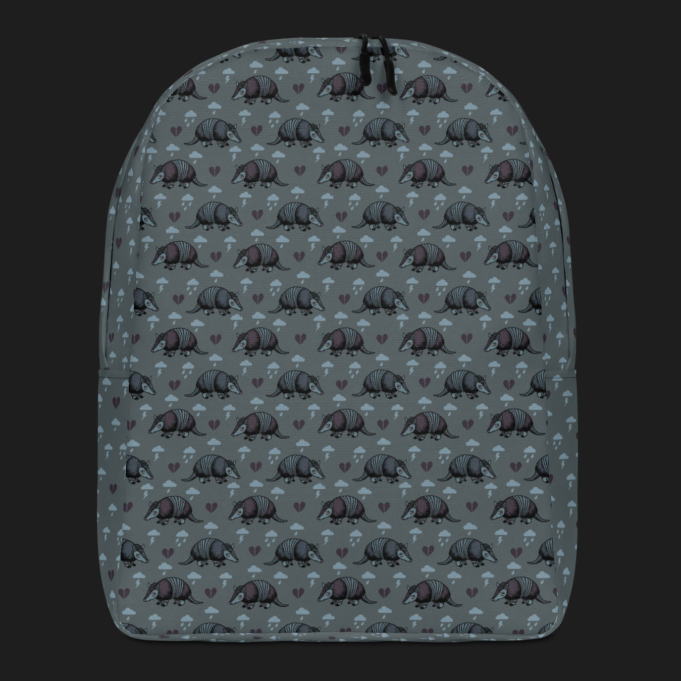 an emo armadillo patterned backpack with broken hearts and storm clouds in storm grey shades