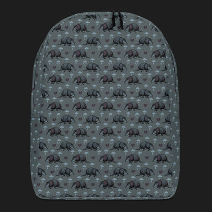 an emo armadillo patterned backpack with broken hearts and storm clouds in storm grey shades