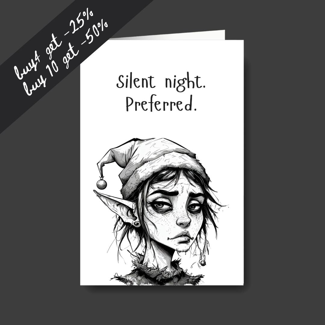 a tired elf sad Christmas greeting card