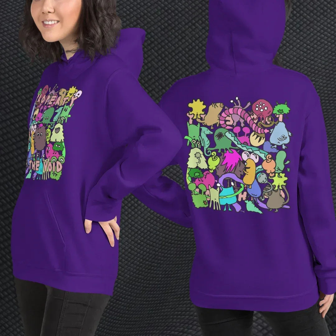 a person wearing a hoodie with front print a colorful horde of goblins and text "property of the void" and on the back, the goblins seen from the back