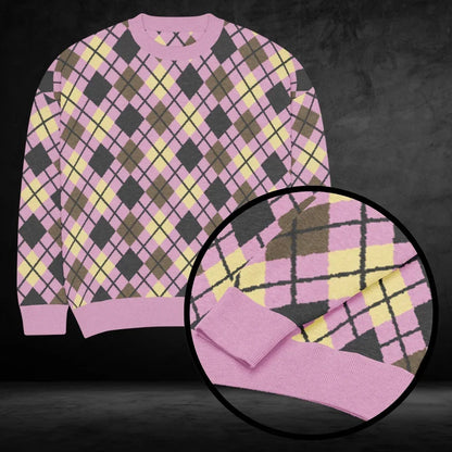 A lilac based argyle pattern knit sweater in unusual colors