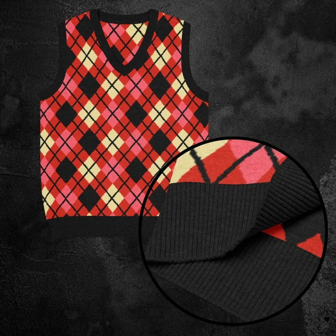 Knitted sweatshirt vest with red and black argyle pattern on a dark background