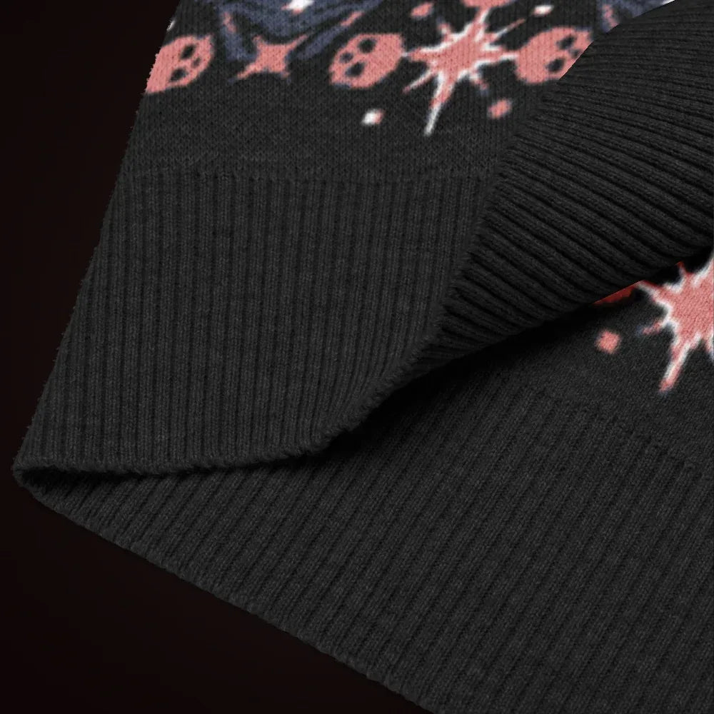 A knit vest with a mysterious eye and skulls pattern in dark blue and pink