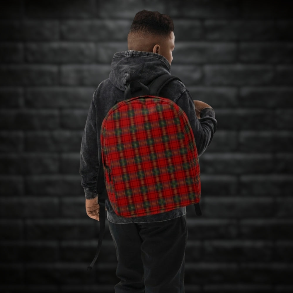 Person carrying a backpack with classic red punk tartan print