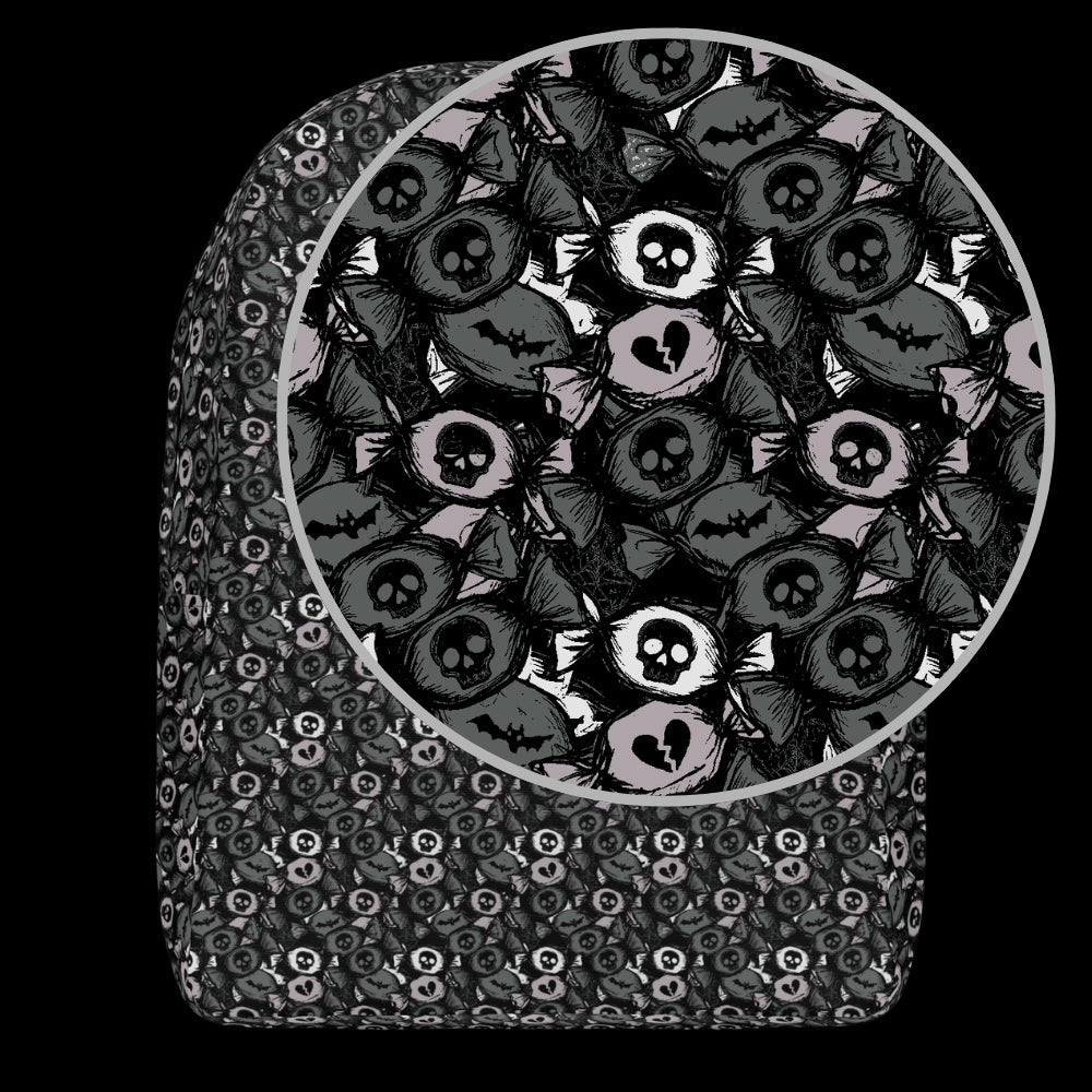 a backpack with an alt emo skull candy pattern in grey shades