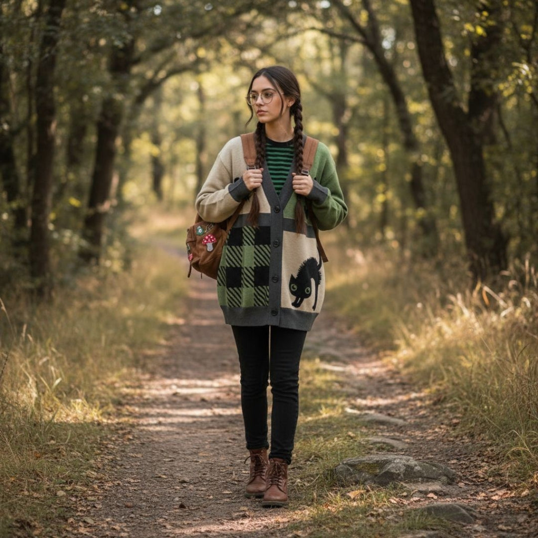Nature core girl wearing a green and beige knitted cardigan