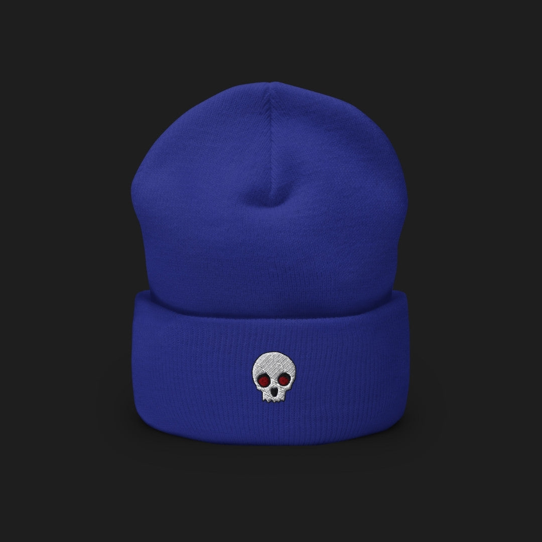 A cuffed beanie with a clean minimalistic skull embroidery
