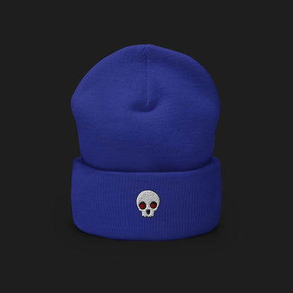 A cuffed beanie with a clean minimalistic skull embroidery