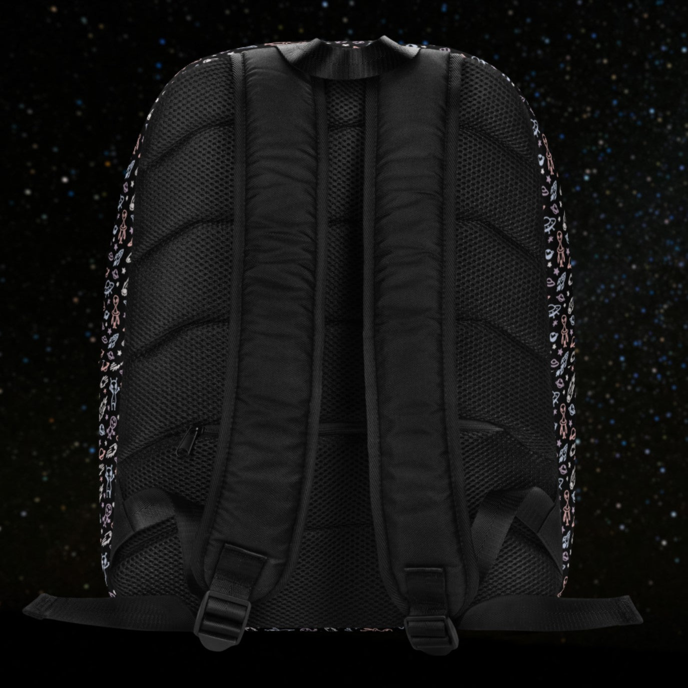 backpack with a hand drawn space pattern featuring scattered confused aliens, planets, comets, and UFOs in pastel on black. 