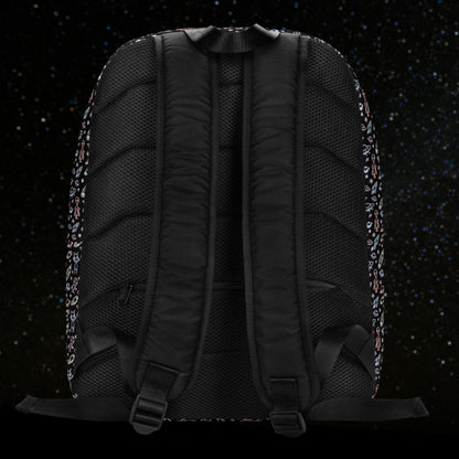backpack with a hand drawn space pattern featuring scattered confused aliens, planets, comets, and UFOs in pastel on black. 