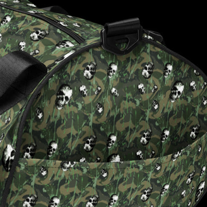 a duffel gym bag with a camo, paint splatter, and gritty skulls pattern in camo shades
