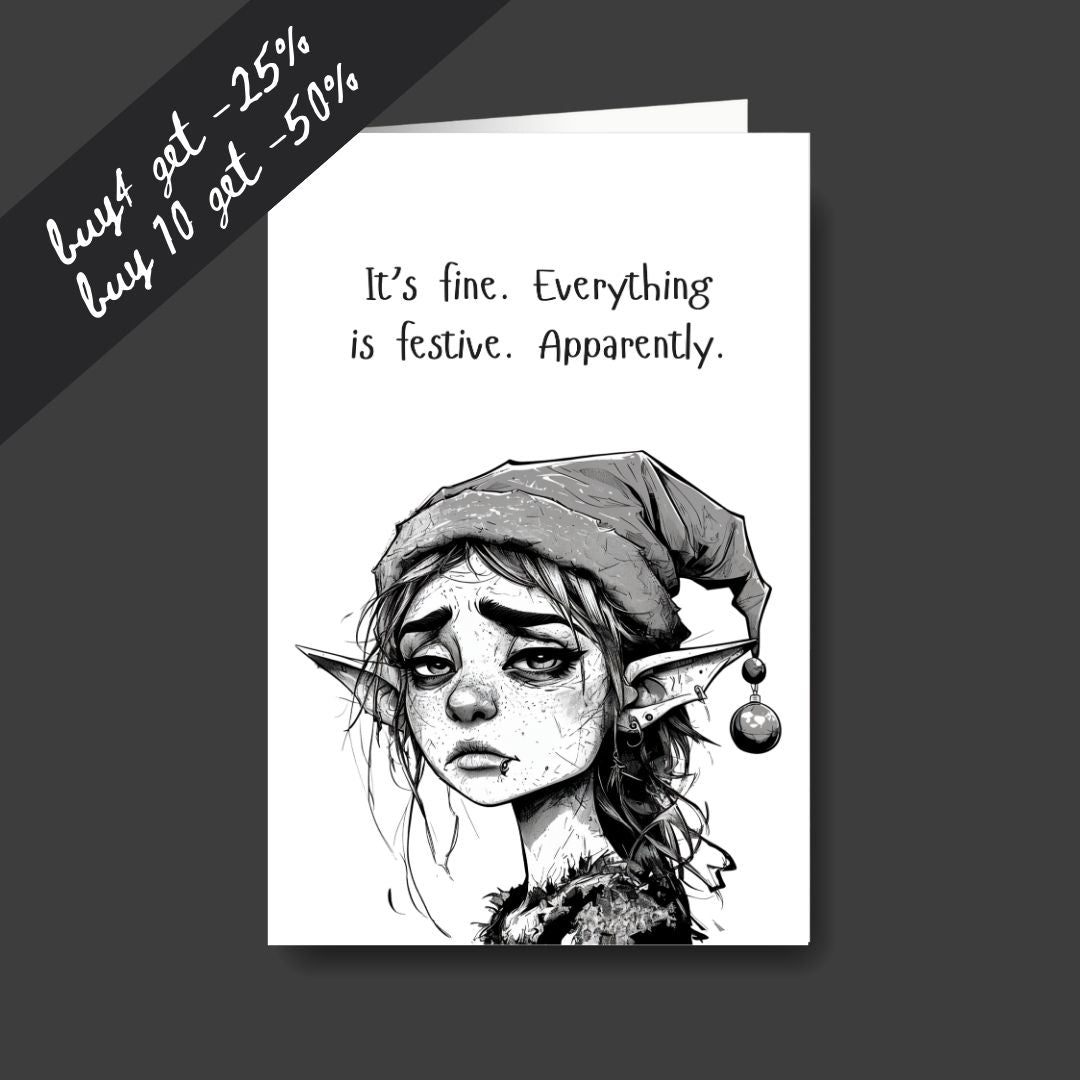 a tired elf sad Christmas greeting card
