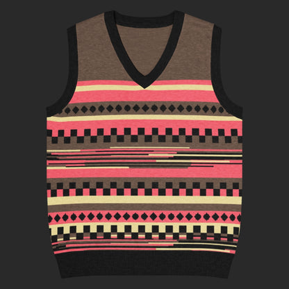 An alt style knitted vest with an irregular unexpected pattern and cool color combination of toffee and hot pink