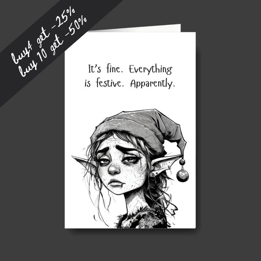 a tired elf sad Christmas greeting card