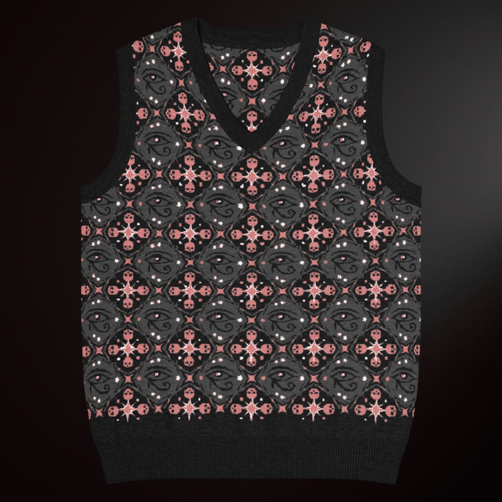 A knit vest with a mysterious eye and skulls pattern in charcoal and pink
