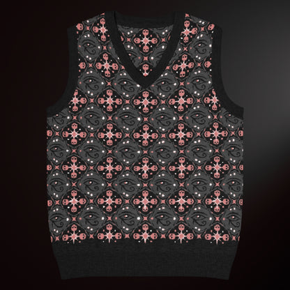 A knit vest with a mysterious eye and skulls pattern in charcoal and pink