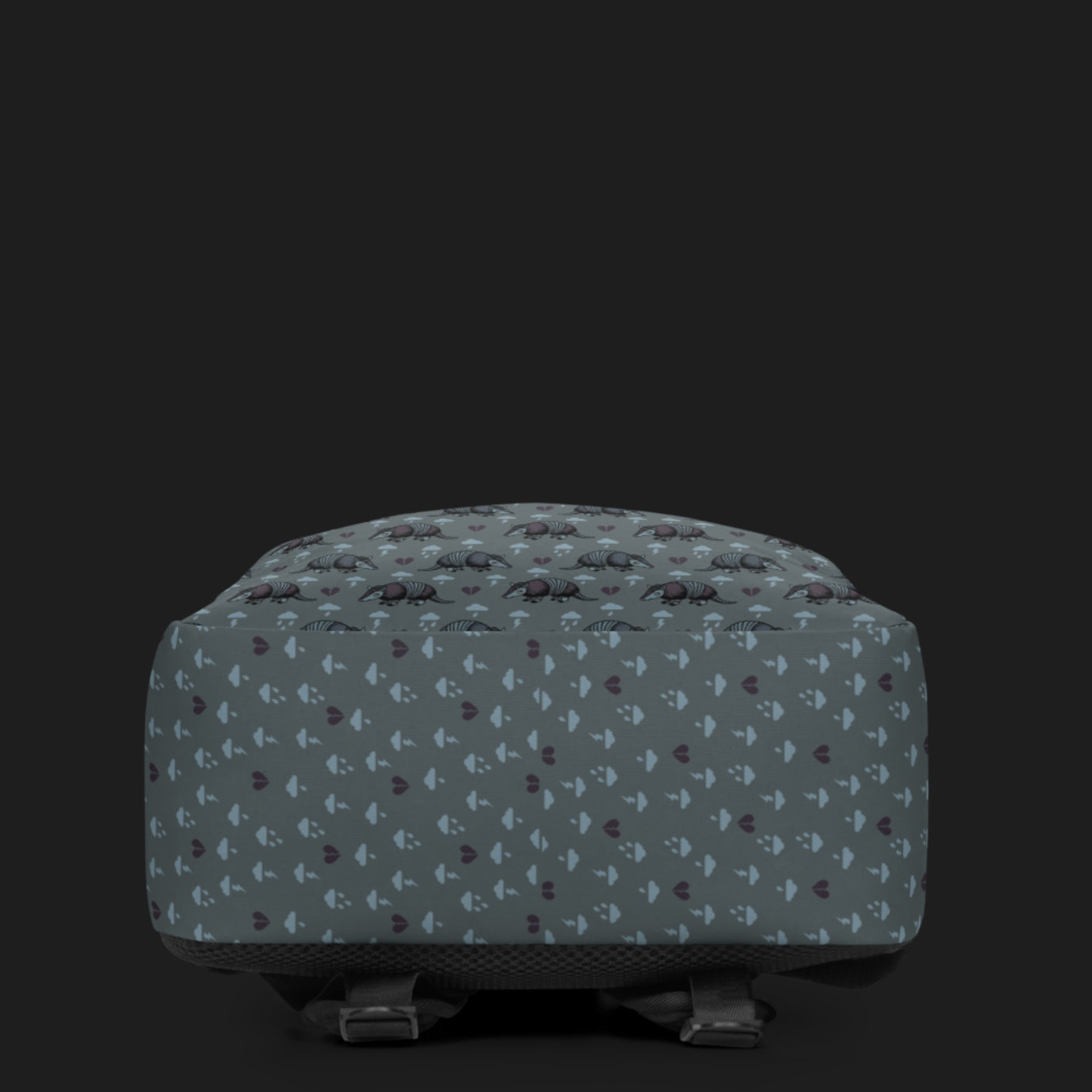 an emo armadillo patterned backpack with broken hearts and storm clouds in storm grey shades