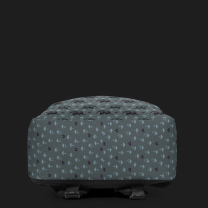 an emo armadillo patterned backpack with broken hearts and storm clouds in storm grey shades