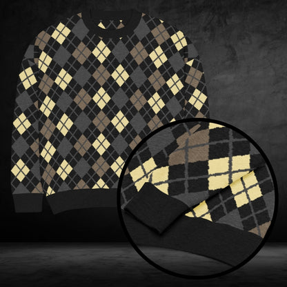 A black based argyle pattern knit sweater in unusual colors