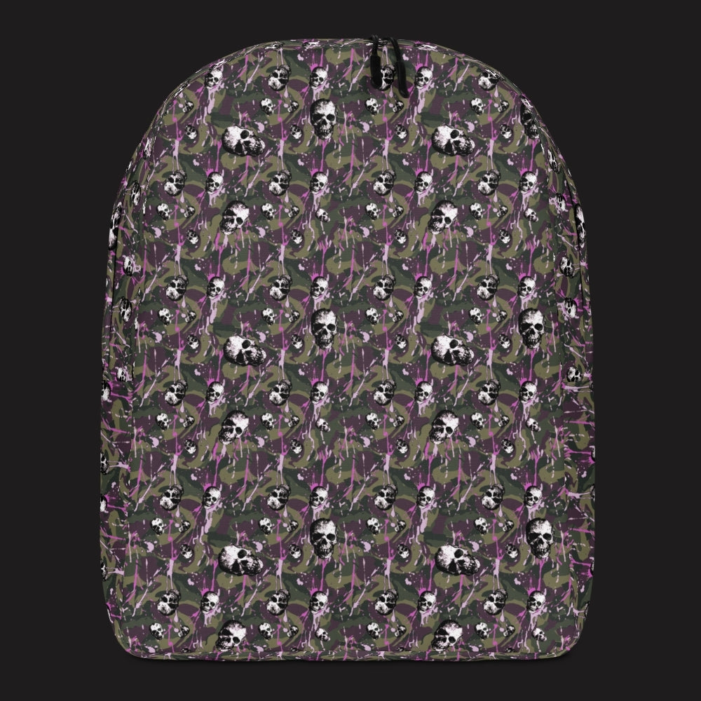 a backpack with a camo and paint and gritty skulls pattern in camo and purple