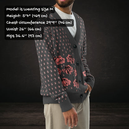 Person wearing an emotional grey knitted cardigan with tears and crying flowers with sizing info