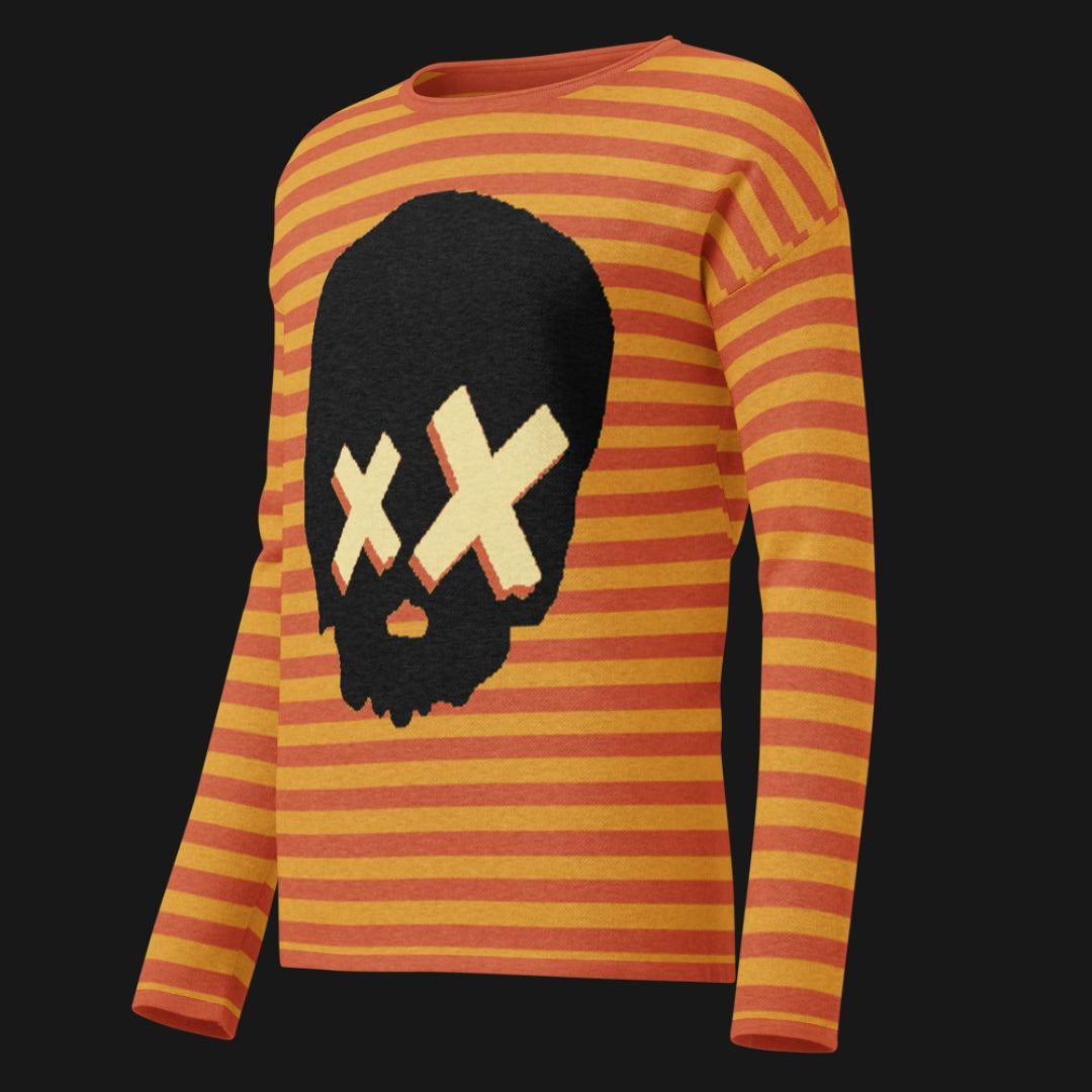 Orange and yellow striped sweater with a large x-eyed skull design