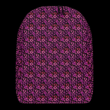 a backpack with an alt emo skull candy pattern in purple pink and red