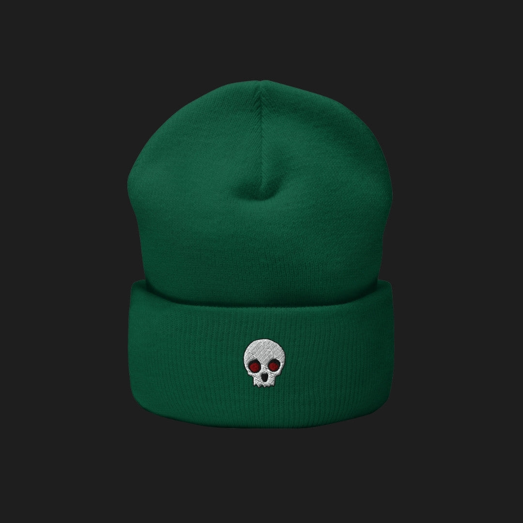 a cuffed beanie with a clean minimalistic skull embroidery