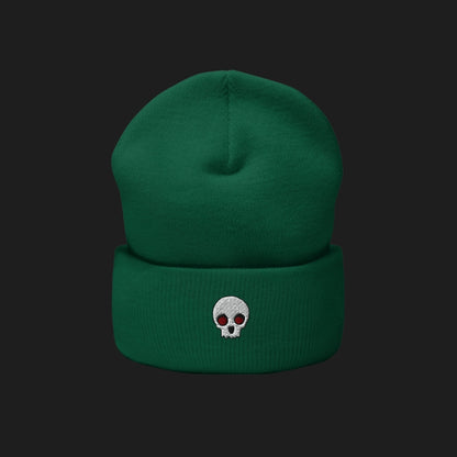 a cuffed beanie with a clean minimalistic skull embroidery