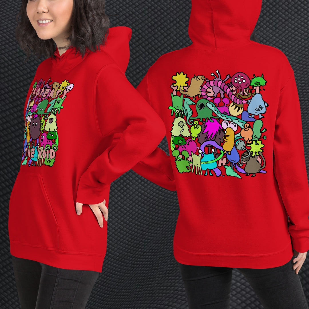 a person wearing a hoodie with front print a colorful horde of goblins and text "property of the void" and on the back, the goblins seen from the back