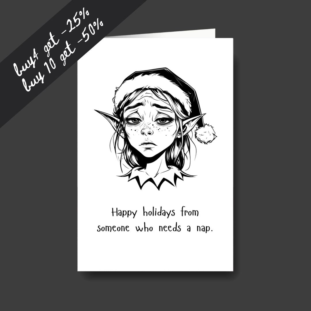 a tired elf sad Christmas greeting card