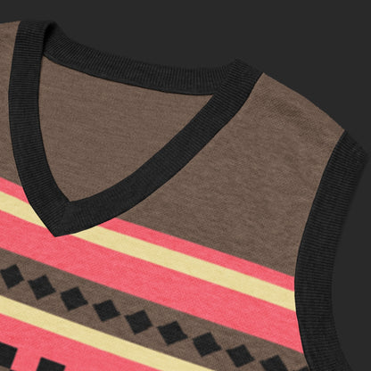 An alt style knitted vest with an irregular unexpected pattern and cool color combination of toffee and hot pink