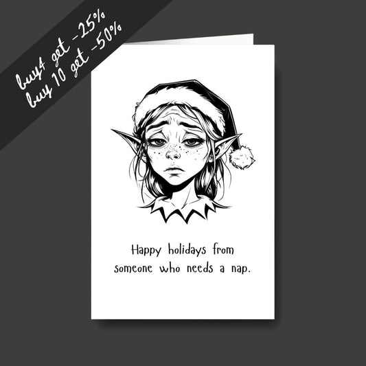a tired elf sad Christmas greeting card