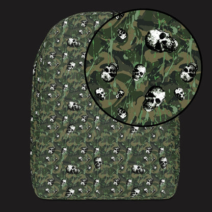a backpack with a camo and paint and gritty skulls pattern in camo green