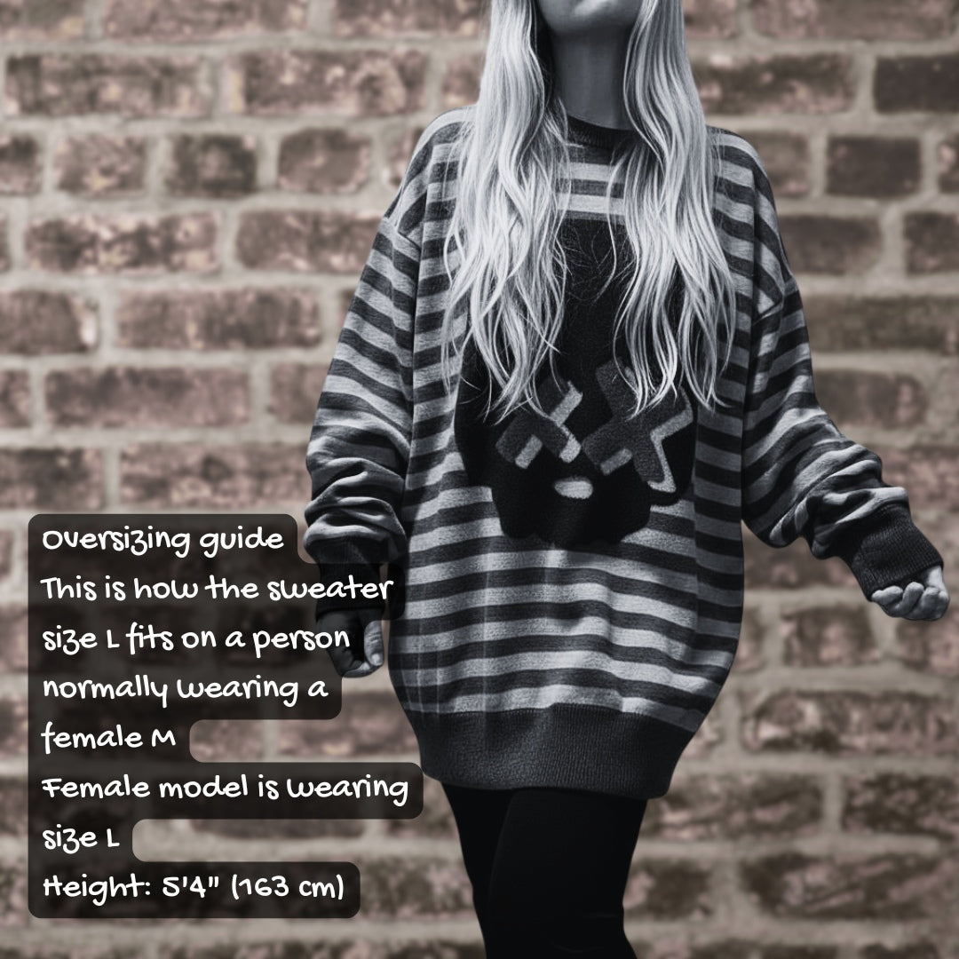 Person wearing a striped sweater in front of a brick wall with text about sweater size and fit.