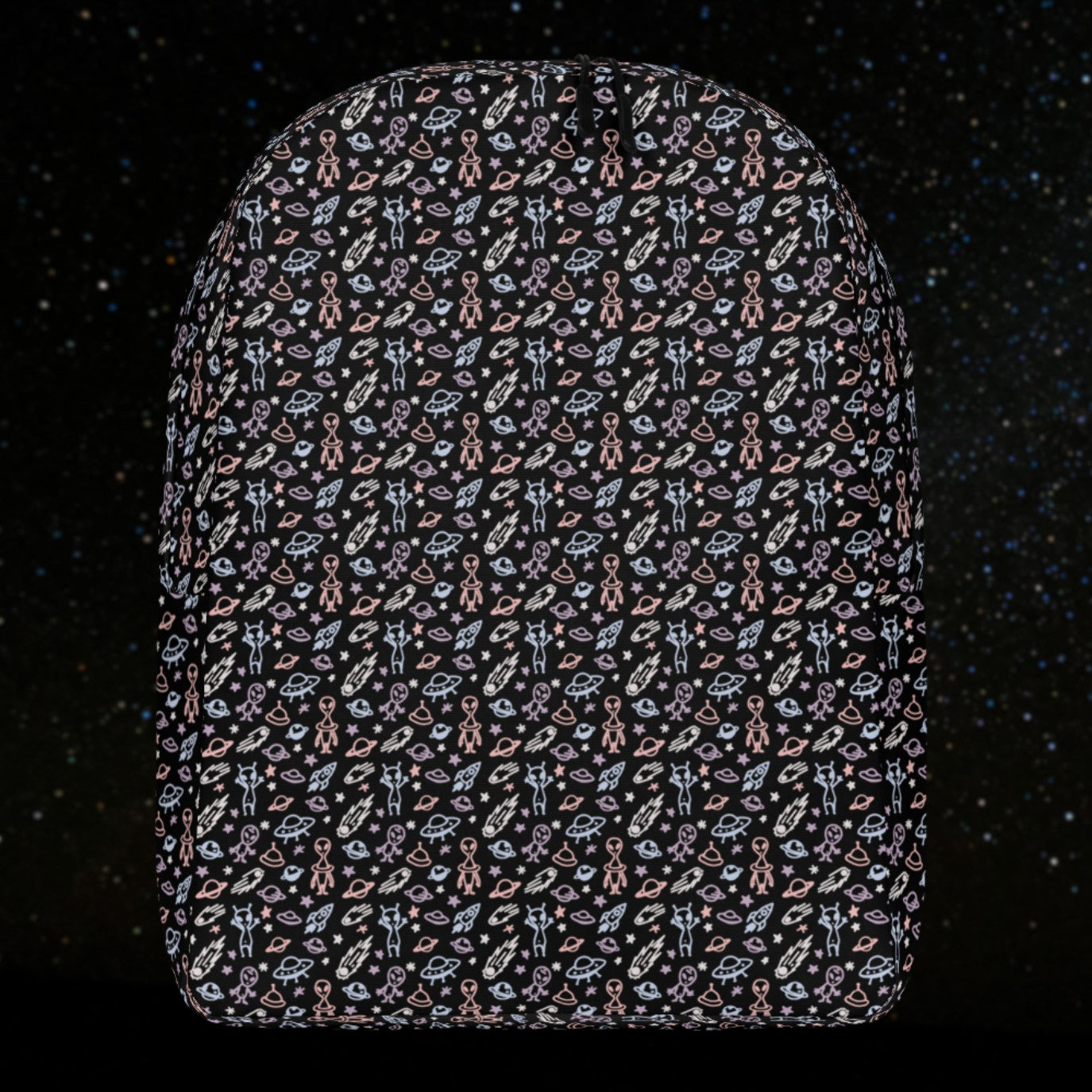 backpack with a hand drawn space pattern featuring scattered confused aliens, planets, comets, and UFOs in pastel on black. 