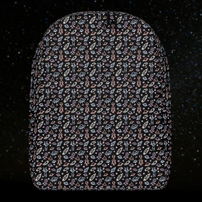 backpack with a hand drawn space pattern featuring scattered confused aliens, planets, comets, and UFOs in pastel on black. 