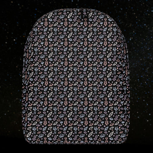 backpack with a hand drawn space pattern featuring scattered confused aliens, planets, comets, and UFOs in pastel on black. 
