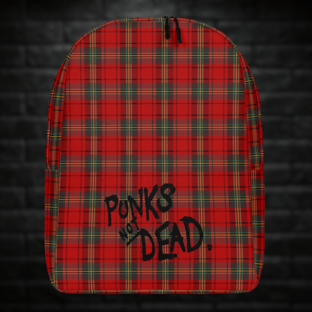 A backpack with classic red punk tartan print and text "Punks not dead"