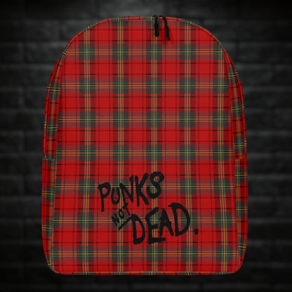 A backpack with classic red punk tartan print and text "Punks not dead"