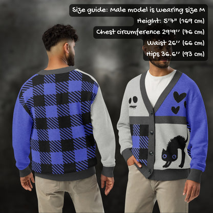 Man wearing a blue, grey and black knitted cardigan with patchwork pattern areas, with sizing info