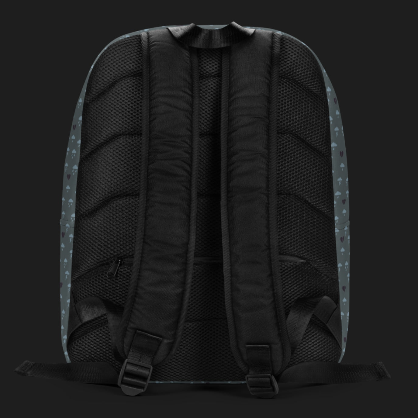 an emo armadillo patterned backpack with broken hearts and storm clouds in storm grey shades
