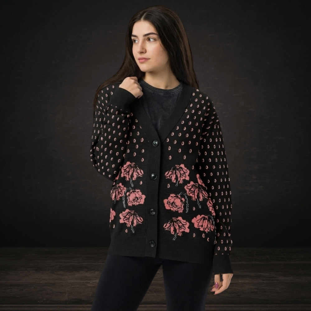 Person wearing an emotional black knitted cardigan with tears and crying flowers