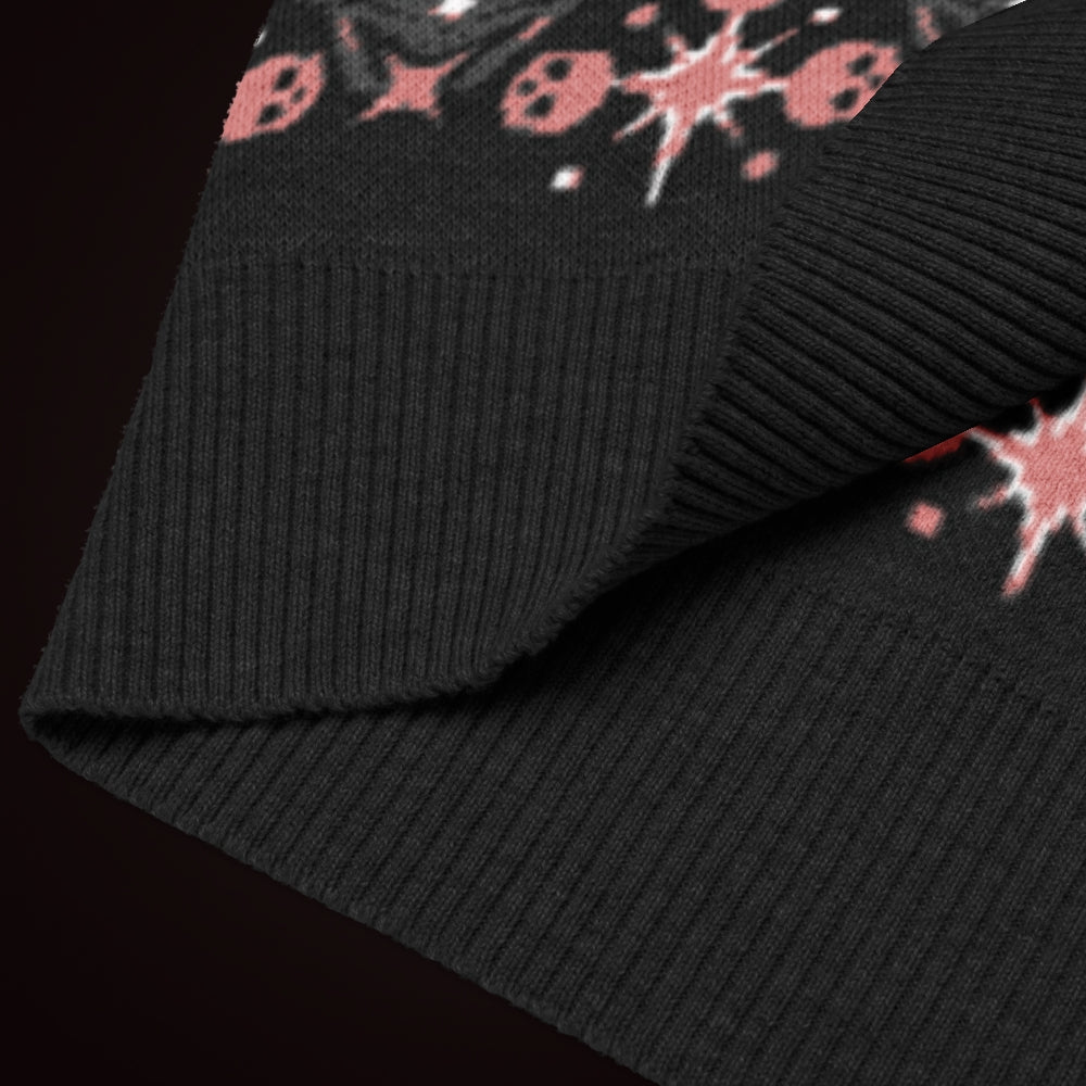 A knit vest with a mysterious eye and skulls pattern in charcoal and pink