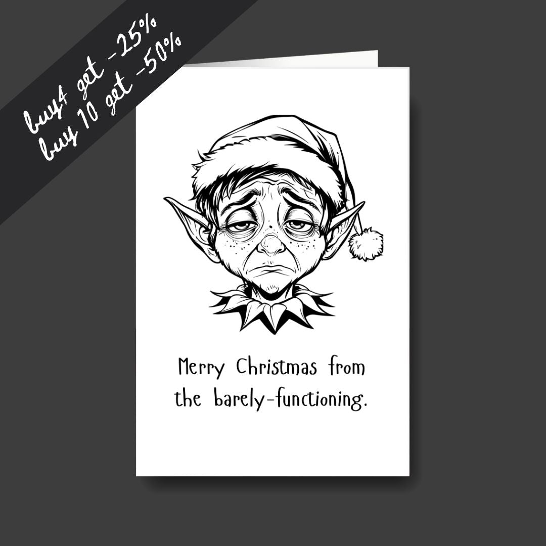 a tired elf sad Christmas greeting card